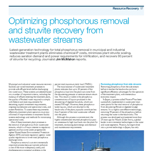 Magazine page titled “Optimizing phosphorous removal and struvite recovery from wastewater streams” with text and a small image of an industrial facility at the bottom.