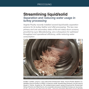 A rotary-drum separator processes turkey byproducts at a poultry facility, with visible separation of solids and liquids inside the machine.