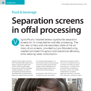 Magazine article titled “Separation screens in offal processing,” with highlighted section about Virginia Poultry using new screens to improve efficiency and reduce water use in turkey feather processing.