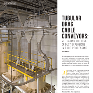Industrial conveyor system with tubes and hoppers inside a food processing facility, with text discussing dust explosion risks and safety improvements.