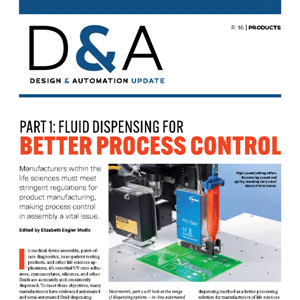 Magazine page titled “Fluid Dispensing for Better Process Control” with an image of automated equipment dispensing fluid onto a circuit board.
