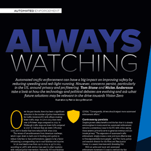 Magazine article page with large blue text stating “ALWAYS WATCHING” above a paragraph about automated traffic enforcement and privacy concerns.