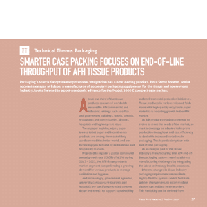 Magazine article titled “Smarter Case Packing Focuses on End-of-Line Throughput of AFH Tissue Products” with technical theme and introductory text, set on a brown background.