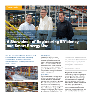 Three men stand in a warehouse; below them are images of industrial equipment and shelves, with text about engineering efficiency and energy use in a case study.