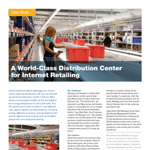 A worker sorts packages into red bins at a distribution center with metal shelves, conveyor belts, and various products stored in the background.