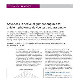 A magazine article titled “Advances in active alignment engines for efficient photonics device test and assembly” with text and a small chart visible.