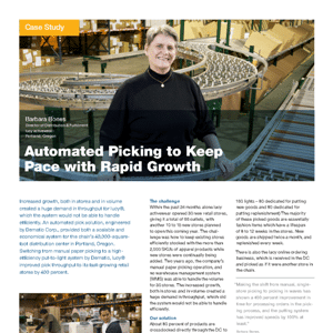 A person stands in a warehouse next to automated conveyor belts. The page is titled “Automated Picking to Keep Pace with Rapid Growth” and highlights a distribution case study.