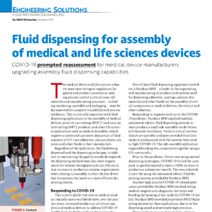 Magazine article titled “Fluid dispensing for assembly of medical and life sciences devices,” featuring an image of a close-up of fluid dispensing equipment in use on a device part.