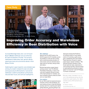 Three men in business attire stand together; below them, the headline reads, “Improving Order Accuracy and Warehouse Efficiency in Beer Distribution with Voice.”.