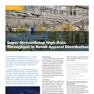 A large warehouse with conveyor belts, shelves, and boxes, illustrating a case study on high-rate throughput in retail apparel distribution.