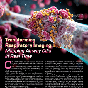 A close-up illustration of airway cilia covered in yellow and pink particles, with an article headline about mapping airway cilia in real time.