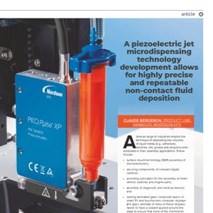Close-up of a piezoelectric jet microdispensing device with an attached orange fluid container, used for precise non-contact fluid deposition. Text and article information are visible.
