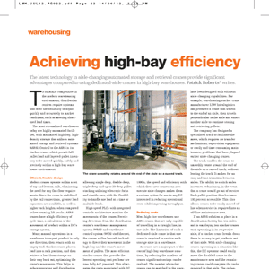 A magazine article titled “Achieving high-bay efficiency” features a large automated storage and retrieval system with vertical racks and machinery in a warehouse setting.