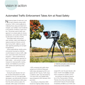 A tripod-mounted speed camera is set up by a road lined with trees; the page discusses automated traffic enforcement for road safety.