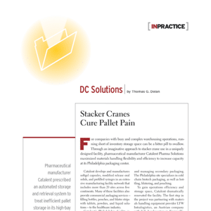 Magazine page featuring an article titled “Stacker Cranes Cure Pallet Pain” by Thomas G. Dolan, discussing solutions for inventory storage at a Philadelphia packaging center.