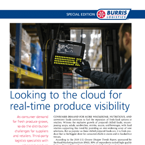 Worker operates a touchscreen device in a warehouse aisle, with shelves stocked with goods, illustrating logistics and cloud-based inventory management.