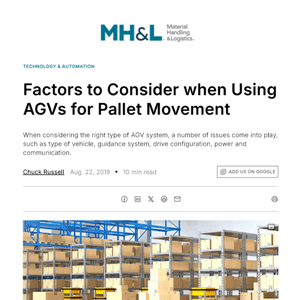 Screenshot of an article titled “Factors to Consider when Using AGVs for Pallet Movement” with an image of warehouse shelves filled with boxes and pallets.