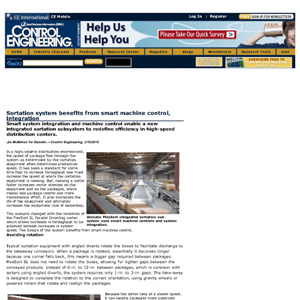 A webpage from Control Engineering discusses a sortation system with images of a warehouse and conveyor belts used for sorting packages in a distribution center.