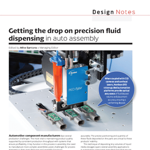 A precision fluid dispensing machine applies epoxy to circuit boards during auto assembly; a callout highlights the use of sensors and automation for quality assurance.