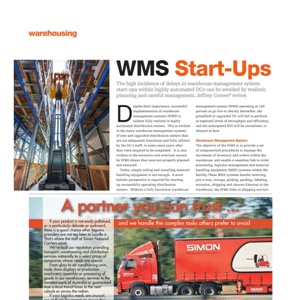 A warehouse with tall storage racks and a forklift, and an advertisement featuring a red Simon truck on a highway.