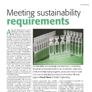 Magazine article titled “Meeting sustainability requirements” with an image of several pharmaceutical vials in a row, highlighting sustainable packaging in the pharmaceutical industry.