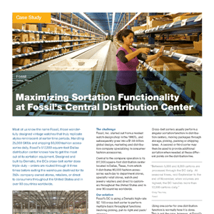 A woman scans items on a shelf in a large warehouse with high racking, illustrating a case study about sortation at Fossil’s distribution center.