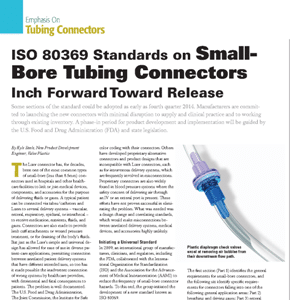 Magazine article titled “ISO 80369 Standards on Small-Bore Tubing Connectors Inch Forward Toward Release” with an image of a purple and blue medical tubing connector.