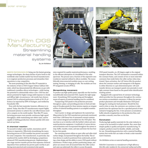 A robotic arm moves thin-film CIGS solar panels on a production line in a factory, illustrating an automated material handling system for solar panel manufacturing.