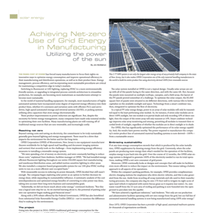 Magazine article titled “Achieving Net-zero Use of Grid Energy in Manufacturing” with text and a photo of solar panels on a large industrial rooftop.