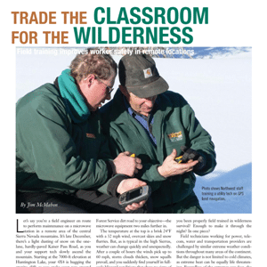 Two people in outdoor gear examine equipment in a snowy field, with text discussing field training for working safely in remote locations.