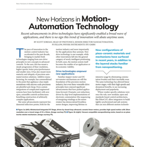 Magazine article page about motion-automation technology with images of automation equipment and a close-up of a mechanical device at the bottom. Text discusses advancements in the field.