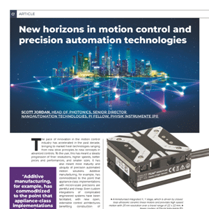 A magazine page features an article on motion control technology, with a futuristic city graphic and an image of a precision automation device.