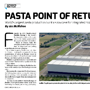 Aerial view of a large industrial pasta production plant with adjacent fields, accompanied by an article headline and text about pasta manufacturing innovations.