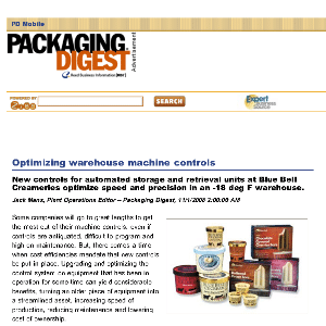 Screenshot of a Packaging Digest article about Blue Bell Creameries’ new controls for automated warehouse storage and retrieval at -18°F, featuring images of Blue Bell ice cream products.