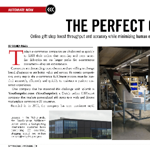 Magazine article discusses e-commerce automation; includes a small image of machinery in a warehouse and a large factory setting with pipes, platforms, and industrial equipment.