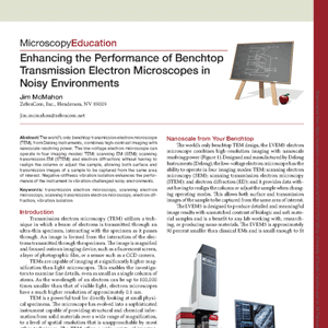First page of an article about benchtop transmission electron microscopes, featuring text, a chalkboard illustration, and images of scientific instruments.