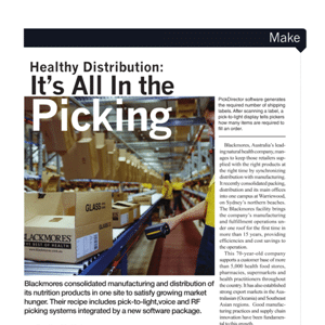 Workers sort boxes on a conveyor belt in a warehouse; text discusses Blackmores’ streamlined distribution system for nutrition products.