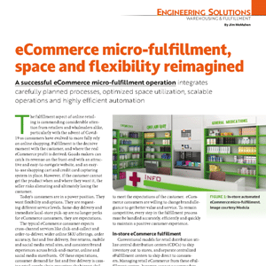 A magazine article discusses eCommerce micro-fulfillment, featuring a photo of an automated micro-fulfillment area with shelves of products and digital screens.
