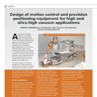 An article titled “Design of motion control and precision positioning equipment for high and ultra-high vacuum applications” featuring a photograph of a four-axis positioning stage.